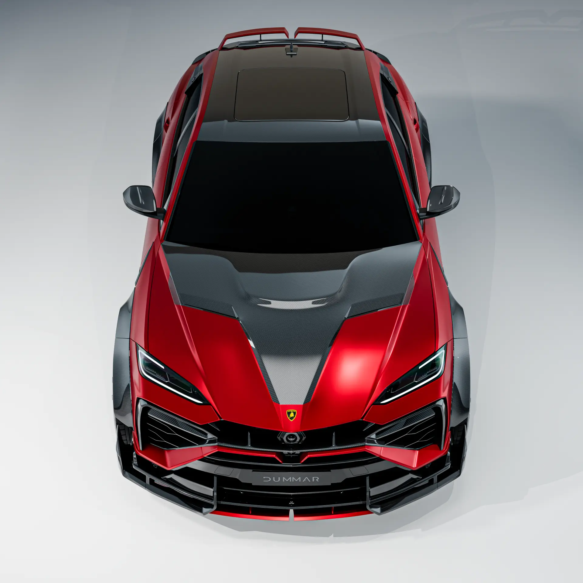 Red Lamborghini Urus with a Dummar Exclusive carbon fibre widebody package, overhead view
